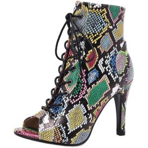 imageSHEMEE Womens Summer Peep Toe Stiletto High Heel Ankle Boots Lace Up Sandals BootiesColorful Snake Print