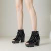 imageSHEMEE Peep Toe Glitter Ankle Boots for Women Chunky High Heeled Sandals Sparkly Sequin Block Heels Summer Booties with ZipperBlack