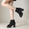 imageSHEMEE Peep Toe Glitter Ankle Boots for Women Chunky High Heeled Sandals Sparkly Sequin Block Heels Summer Booties with ZipperBlack