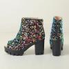 imageSHEMEE Peep Toe Glitter Ankle Boots for Women Chunky High Heeled Sandals Sparkly Sequin Block Heels Summer Booties with ZipperMulticolor