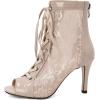 imageSHEMEE Womens Embroidery Mesh Patent Leather High Heels Sandals Booties Summer Opentoe Lace Up Stiletto Ankle Boots with Back ZipperBeige