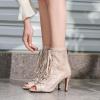 imageSHEMEE Womens Embroidery Mesh Patent Leather High Heels Sandals Booties Summer Opentoe Lace Up Stiletto Ankle Boots with Back ZipperBeige