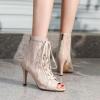 imageSHEMEE Womens Embroidery Mesh Patent Leather High Heels Sandals Booties Summer Opentoe Lace Up Stiletto Ankle Boots with Back ZipperBeige