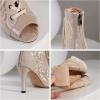 imageSHEMEE Womens Embroidery Mesh Patent Leather High Heels Sandals Booties Summer Opentoe Lace Up Stiletto Ankle Boots with Back ZipperBeige