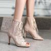 imageSHEMEE Womens Embroidery Mesh Patent Leather High Heels Sandals Booties Summer Opentoe Lace Up Stiletto Ankle Boots with Back ZipperBeige