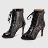 imageSHEMEE Womens Embroidery Mesh Patent Leather High Heels Sandals Booties Summer Opentoe Lace Up Stiletto Ankle Boots with Back ZipperBlack