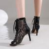 imageSHEMEE Womens Embroidery Mesh Patent Leather High Heels Sandals Booties Summer Opentoe Lace Up Stiletto Ankle Boots with Back ZipperBlack