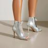 imageSHEMEE Womens High Heeled Sandals Square Open Toe Laced Zipper Stiletto Heels Ankle Booties Dance Party Dress ShoesSilver