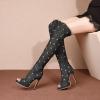 imageSHEMEE Womens Peep Toe Denim Boots Stiletto Heels Summer Zipper Jeans Boot High Heeled Sandals ShoesLong Black