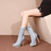 imageSHEMEE Womens Peep Toe Denim Boots Stiletto Heels Summer Zipper Jeans Boot High Heeled Sandals ShoesShort Off White