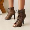 imageSHEMEE Womens Peep Toe Mesh Cutout Sandals Booties Stiletto High Heels Ankle Boots Gladiator Lace Up Summer Shoes with Side ZipBrown