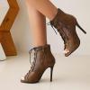 imageSHEMEE Womens Peep Toe Mesh Cutout Sandals Booties Stiletto High Heels Ankle Boots Gladiator Lace Up Summer Shoes with Side ZipBrown