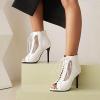 imageSHEMEE Womens Peep Toe Mesh Cutout Sandals Booties Stiletto High Heels Ankle Boots Gladiator Lace Up Summer Shoes with Side ZipWhite