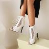 imageSHEMEE Womens Peep Toe Mesh Cutout Sandals Booties Stiletto High Heels Ankle Boots Gladiator Lace Up Summer Shoes with Side ZipWhite