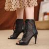imageSHEMEE Womens Peep Toe Mesh Lace Up High Heels Ankle Boots Summer Fishnet Opentoe Stilettos Sandals BootiesBlack