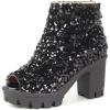imageSHEMEE Peep Toe Glitter Ankle Boots for Women Chunky High Heeled Sandals Sparkly Sequin Block Heels Summer Booties with ZipperBlack