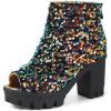 imageSHEMEE Peep Toe Glitter Ankle Boots for Women Chunky High Heeled Sandals Sparkly Sequin Block Heels Summer Booties with ZipperMulticolor