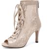 imageSHEMEE Womens Embroidery Mesh Patent Leather High Heels Sandals Booties Summer Opentoe Lace Up Stiletto Ankle Boots with Back ZipperBeige