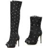 imageSHEMEE Womens Peep Toe Denim Boots Stiletto Heels Summer Zipper Jeans Boot High Heeled Sandals ShoesLong Black