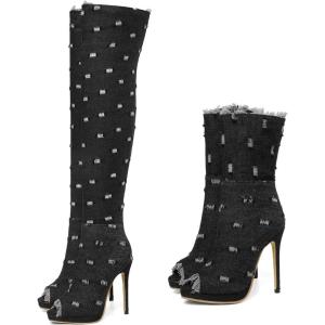 imageSHEMEE Womens Peep Toe Denim Boots Stiletto Heels Summer Zipper Jeans Boot High Heeled Sandals ShoesLong Black