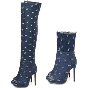 imageSHEMEE Womens Peep Toe Denim Boots Stiletto Heels Summer Zipper Jeans Boot High Heeled Sandals ShoesLong Blue