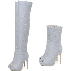 imageSHEMEE Womens Peep Toe Denim Boots Stiletto Heels Summer Zipper Jeans Boot High Heeled Sandals ShoesLong Off White