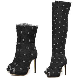 imageSHEMEE Womens Peep Toe Denim Boots Stiletto Heels Summer Zipper Jeans Boot High Heeled Sandals ShoesShort Black