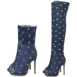 imageSHEMEE Womens Peep Toe Denim Boots Stiletto Heels Summer Zipper Jeans Boot High Heeled Sandals ShoesShort Blue