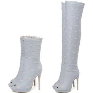 imageSHEMEE Womens Peep Toe Denim Boots Stiletto Heels Summer Zipper Jeans Boot High Heeled Sandals ShoesShort Off White