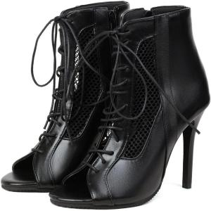 imageSHEMEE Womens Peep Toe Mesh Cutout Sandals Booties Stiletto High Heels Ankle Boots Gladiator Lace Up Summer Shoes with Side ZipBlack