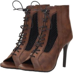 imageSHEMEE Womens Peep Toe Mesh Cutout Sandals Booties Stiletto High Heels Ankle Boots Gladiator Lace Up Summer Shoes with Side ZipBrown