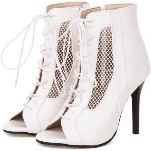 imageSHEMEE Womens Peep Toe Mesh Cutout Sandals Booties Stiletto High Heels Ankle Boots Gladiator Lace Up Summer Shoes with Side ZipWhite