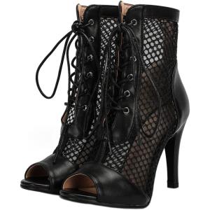 imageSHEMEE Womens Peep Toe Mesh Lace Up High Heels Ankle Boots Summer Fishnet Opentoe Stilettos Sandals BootiesBlack