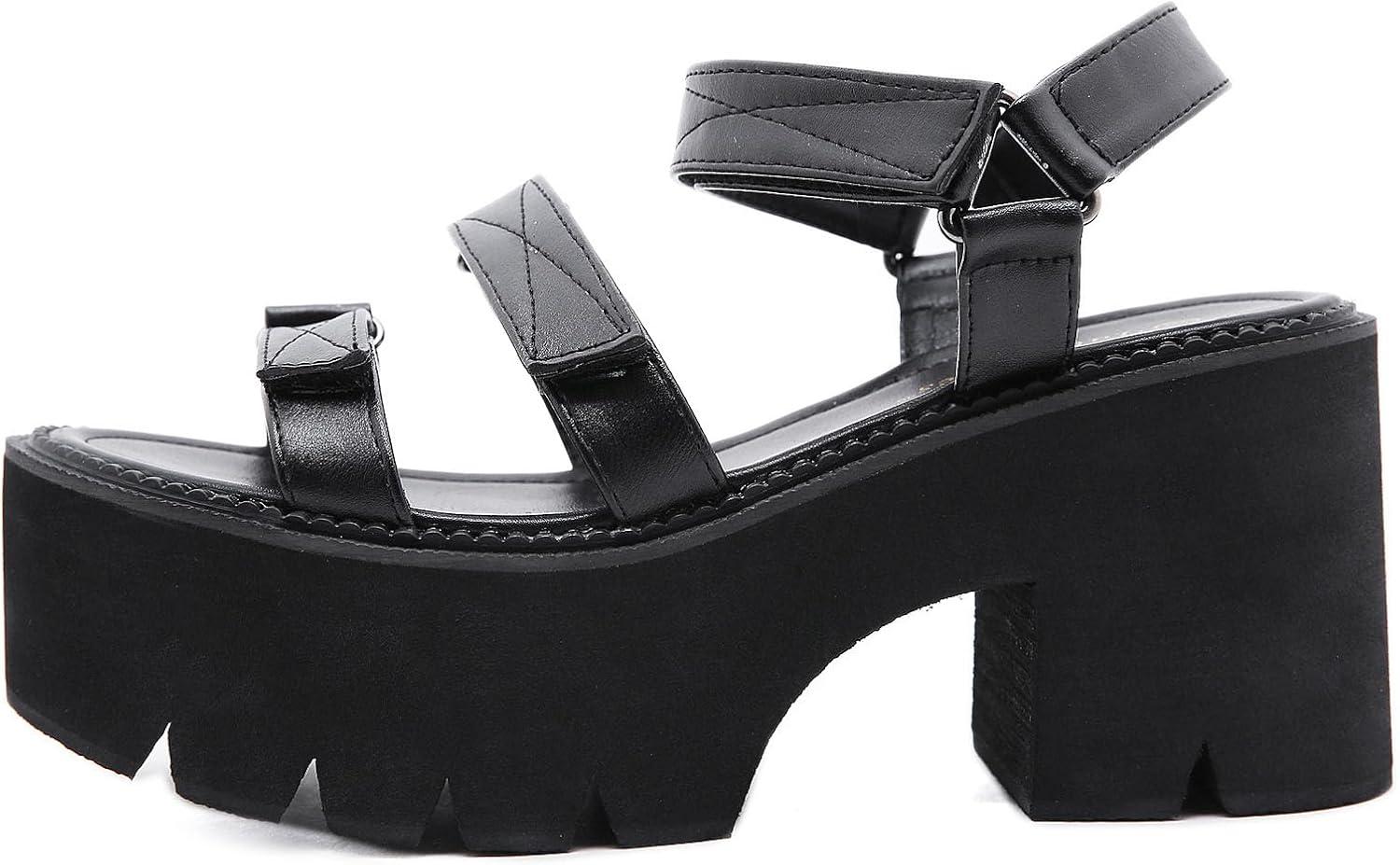 imageSHEMEE Chunky Platform Gladiator Roman Sandals Women Black Punk Goth Shoes Multi Strap Lightweight Fisherman Wedge SandalBlack M01 HookLoop