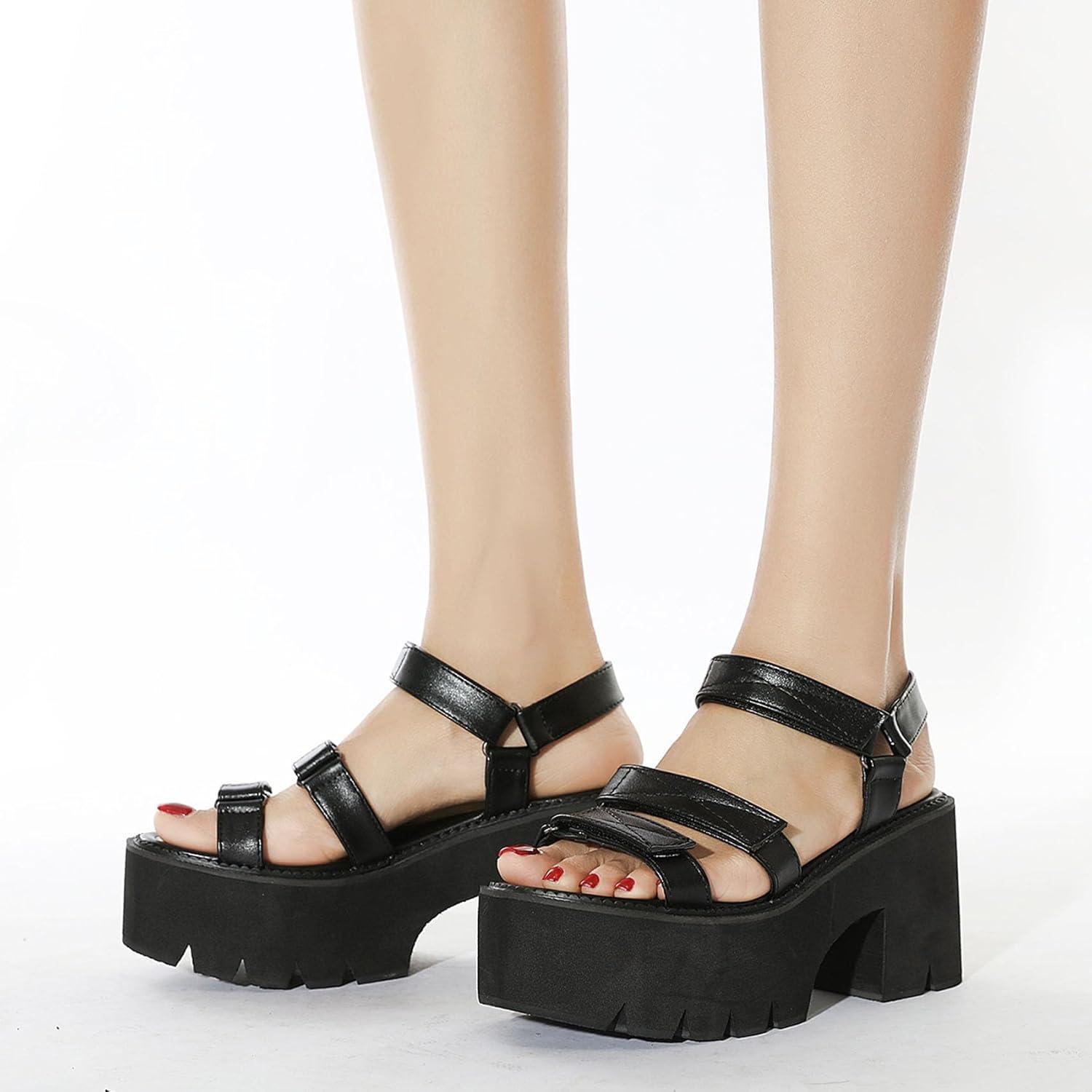 imageSHEMEE Chunky Platform Gladiator Roman Sandals Women Black Punk Goth Shoes Multi Strap Lightweight Fisherman Wedge SandalBlack M01 HookLoop