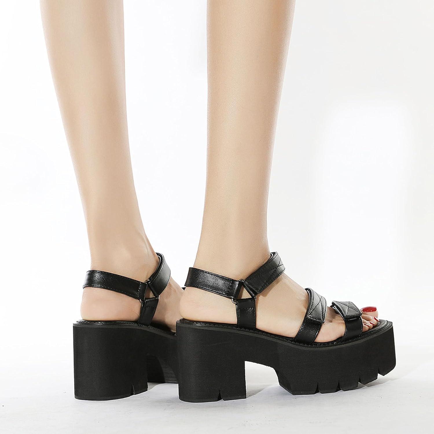 imageSHEMEE Chunky Platform Gladiator Roman Sandals Women Black Punk Goth Shoes Multi Strap Lightweight Fisherman Wedge SandalBlack M01 HookLoop