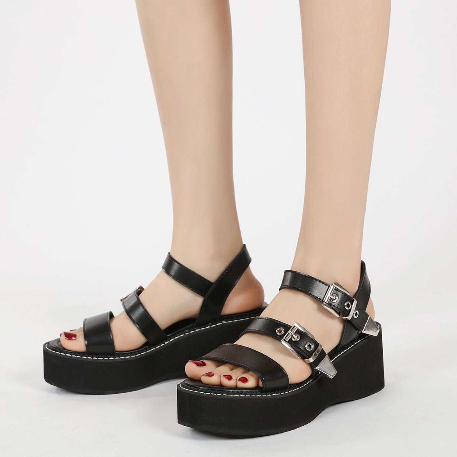 imageSHEMEE Chunky Platform Gladiator Roman Sandals Women Black Punk Goth Shoes Multi Strap Lightweight Fisherman Wedge SandalBlack M04 Buckle