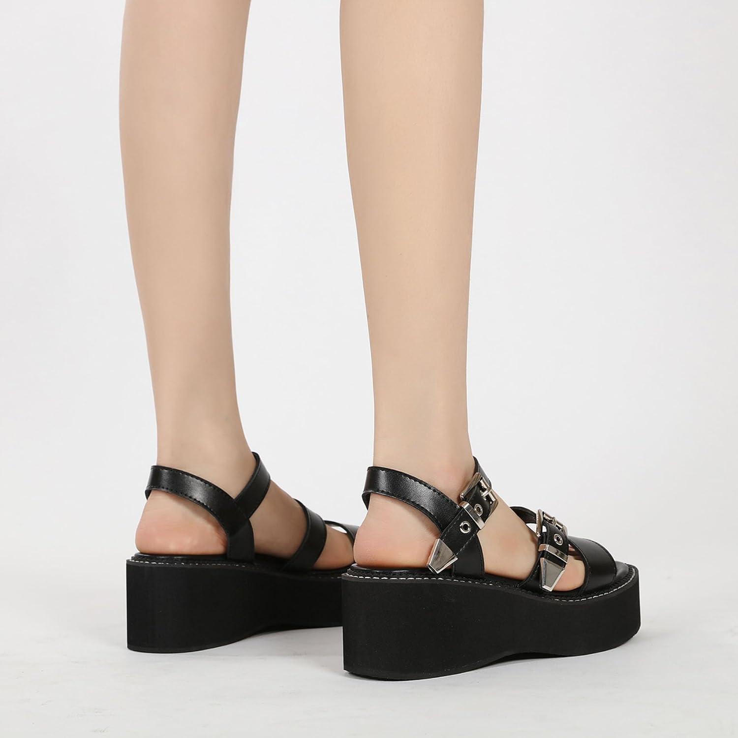 imageSHEMEE Chunky Platform Gladiator Roman Sandals Women Black Punk Goth Shoes Multi Strap Lightweight Fisherman Wedge SandalBlack M04 Buckle