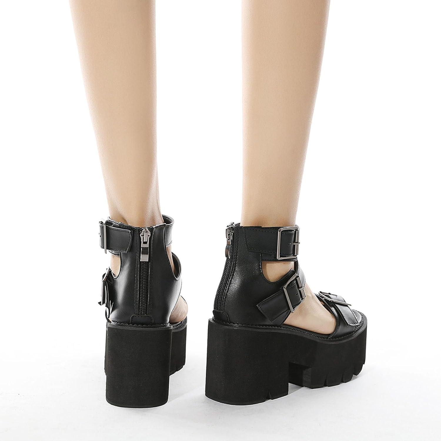 imageSHEMEE Chunky Platform Gladiator Roman Sandals Women Black Punk Goth Shoes Multi Strap Lightweight Fisherman Wedge SandalBlack M06 Zip