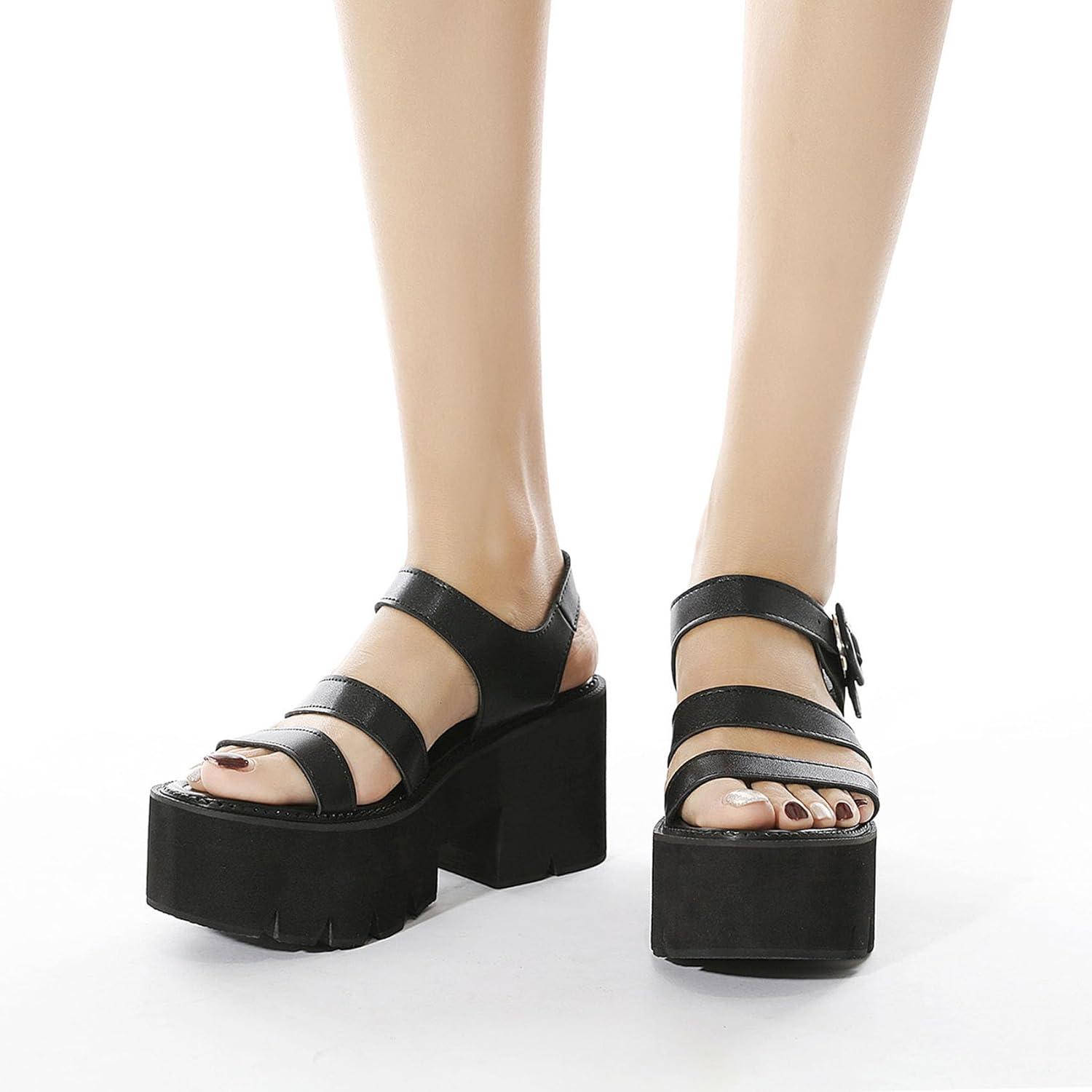 imageSHEMEE Chunky Platform Gladiator Roman Sandals Women Black Punk Goth Shoes Multi Strap Lightweight Fisherman Wedge SandalBlack M07 Buckle