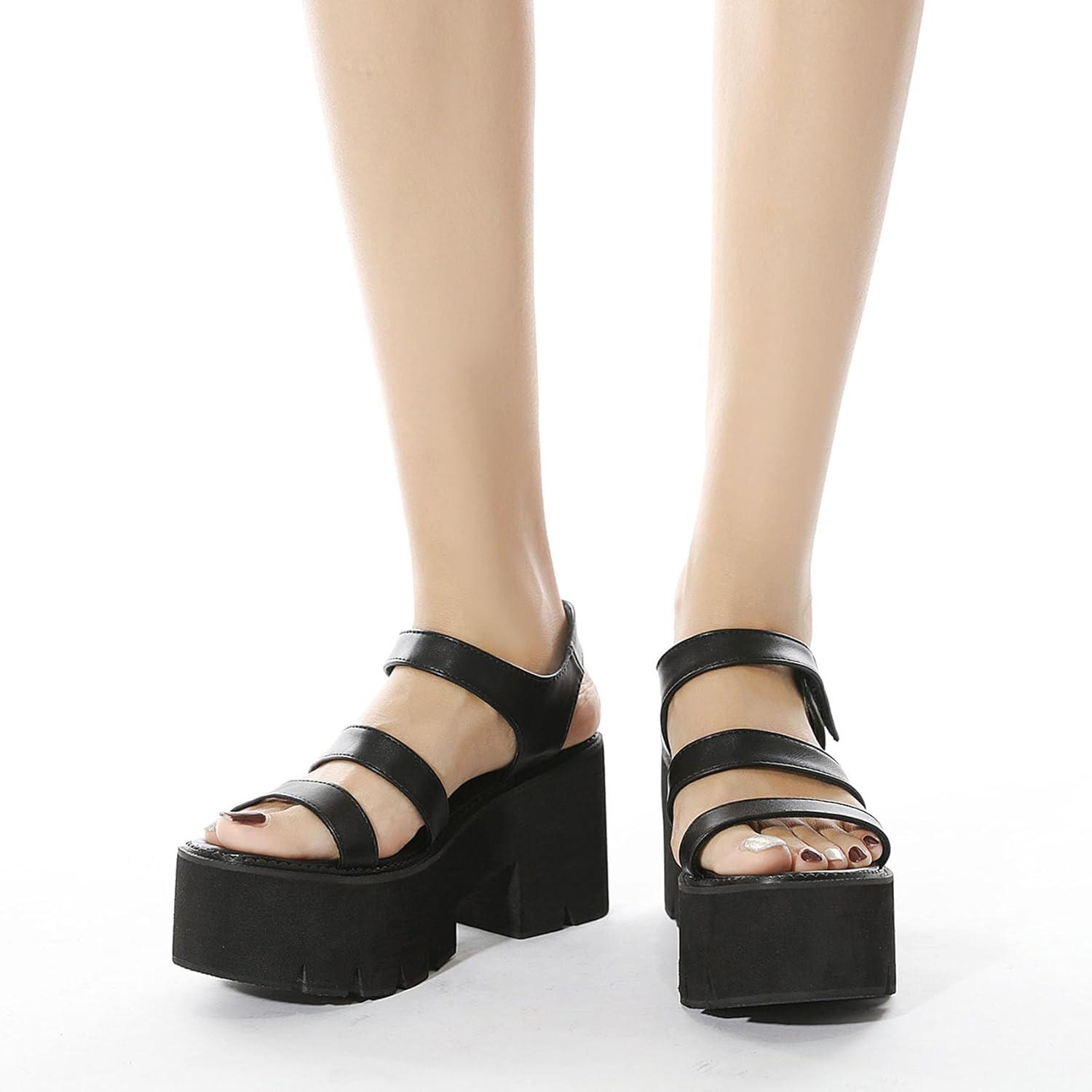 imageSHEMEE Chunky Platform Gladiator Roman Sandals Women Black Punk Goth Shoes Multi Strap Lightweight Fisherman Wedge SandalBlack M08 HookLoop