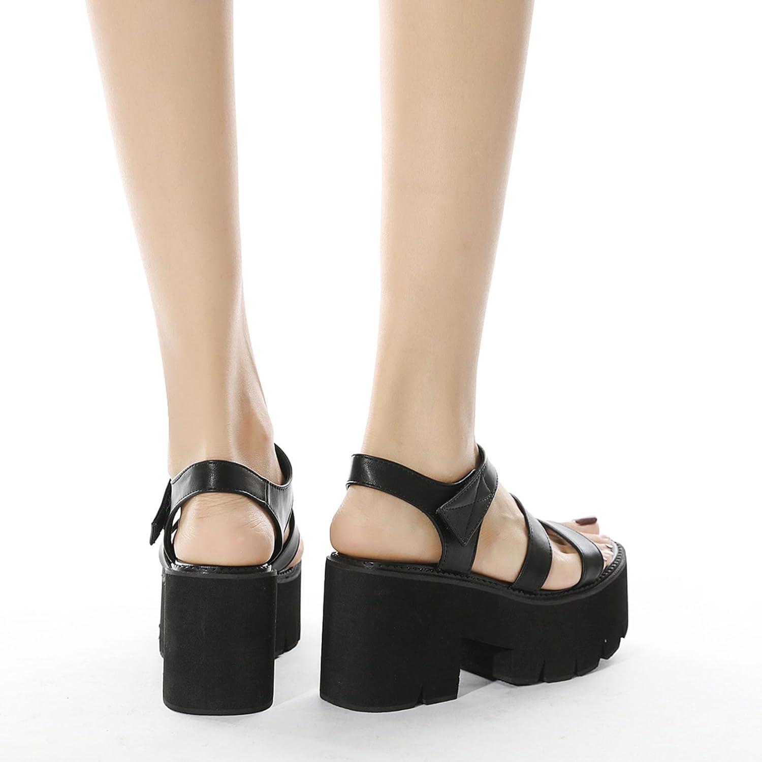 imageSHEMEE Chunky Platform Gladiator Roman Sandals Women Black Punk Goth Shoes Multi Strap Lightweight Fisherman Wedge SandalBlack M08 HookLoop