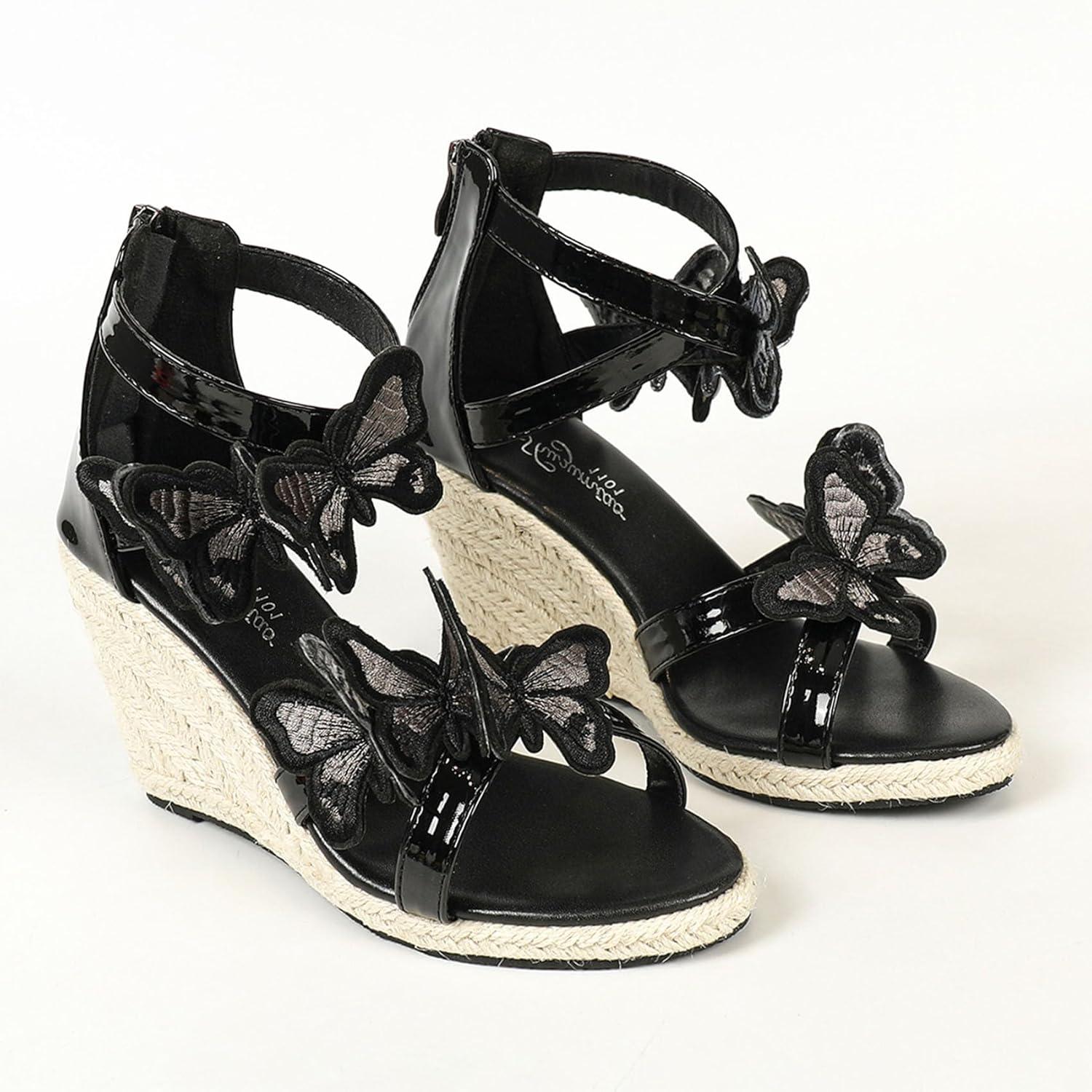 imageSHEMEE Espadrilles Wedge Sandals for Women Embellished Butterfly Platform Heeled Sandals Zipper Cross Strappy High HeelsBlack