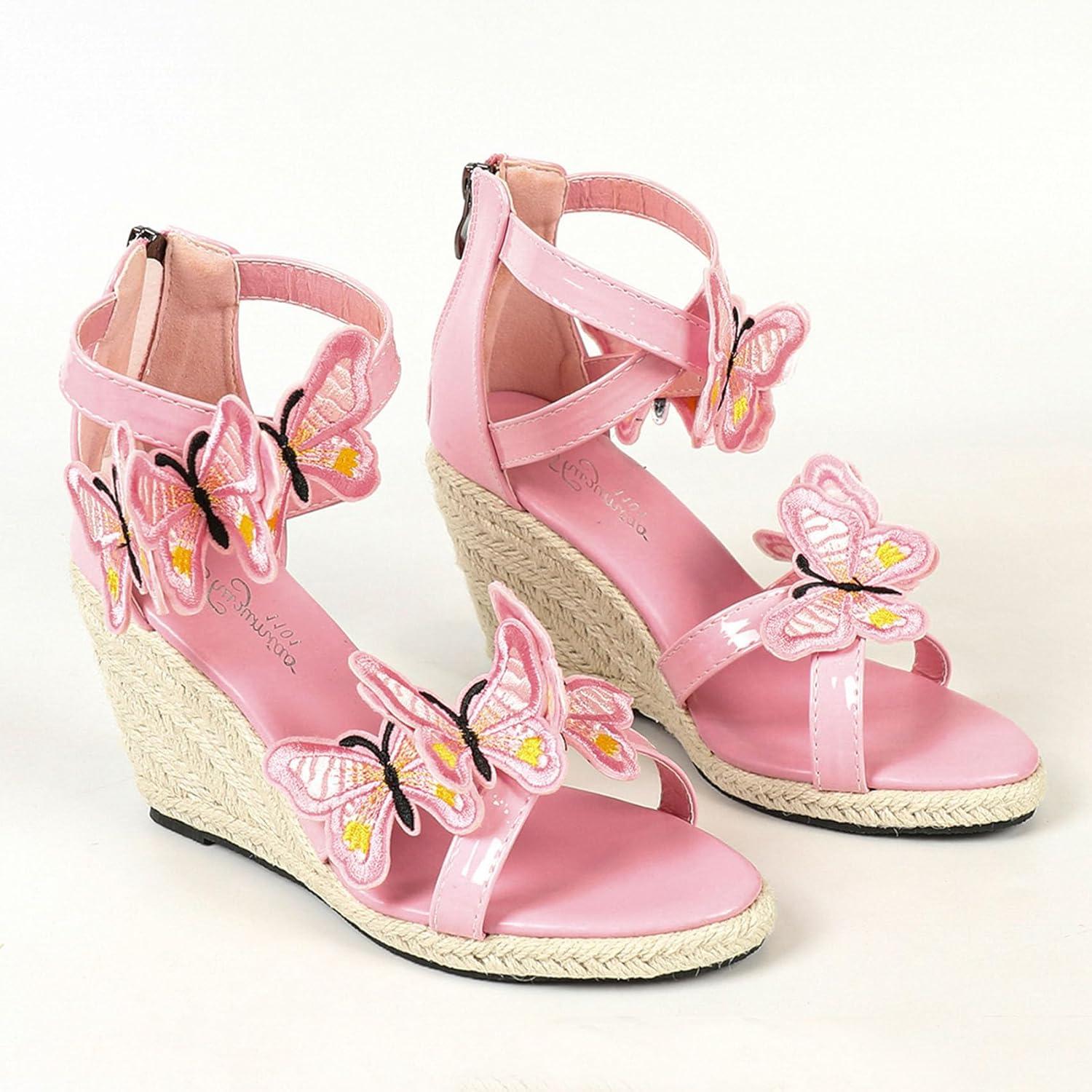 imageSHEMEE Espadrilles Wedge Sandals for Women Embellished Butterfly Platform Heeled Sandals Zipper Cross Strappy High HeelsPink