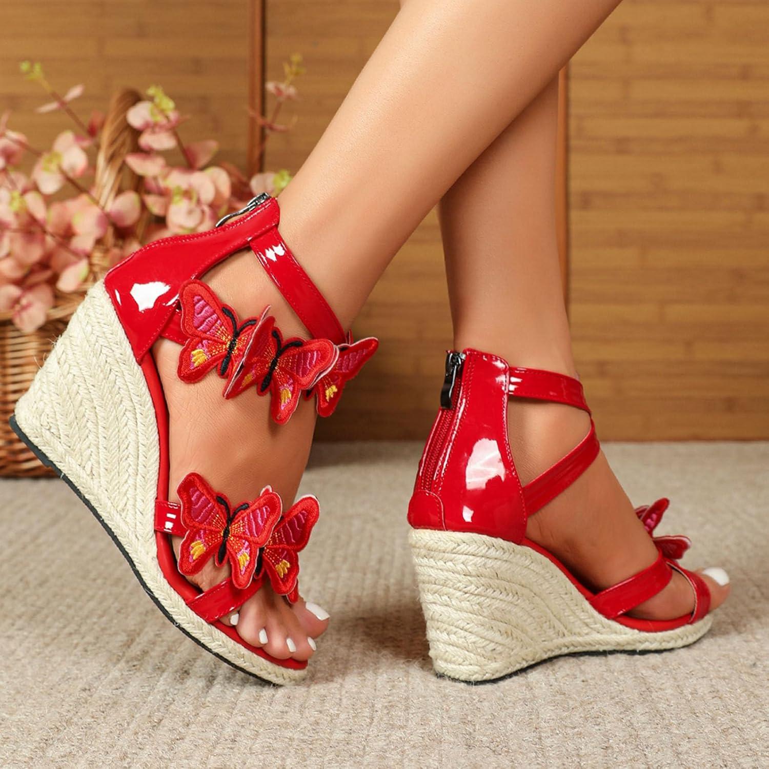 imageSHEMEE Espadrilles Wedge Sandals for Women Embellished Butterfly Platform Heeled Sandals Zipper Cross Strappy High HeelsRed
