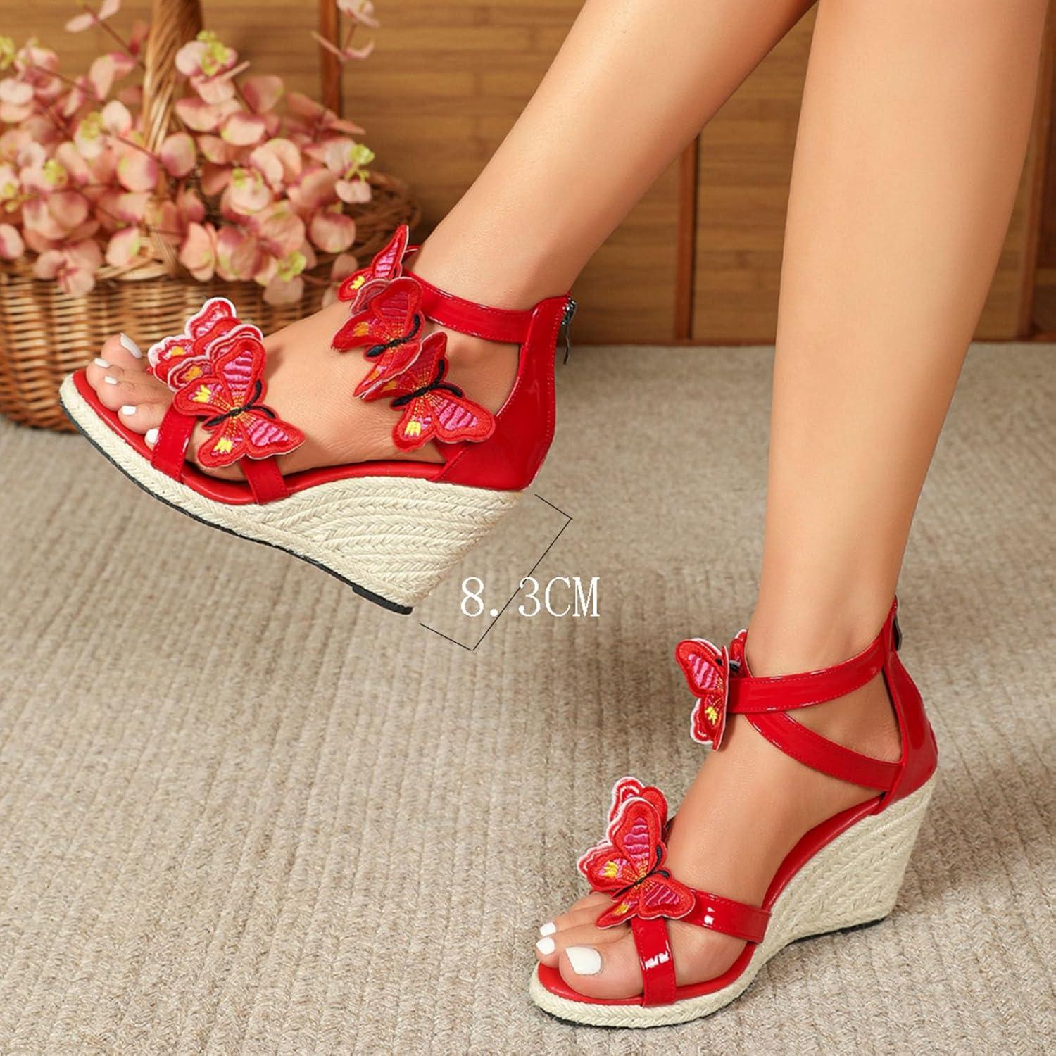 imageSHEMEE Espadrilles Wedge Sandals for Women Embellished Butterfly Platform Heeled Sandals Zipper Cross Strappy High HeelsRed