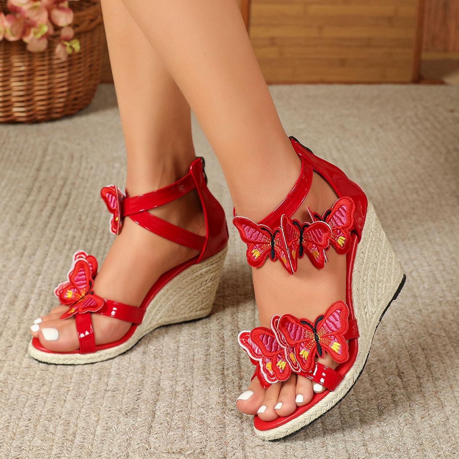 imageSHEMEE Espadrilles Wedge Sandals for Women Embellished Butterfly Platform Heeled Sandals Zipper Cross Strappy High HeelsRed