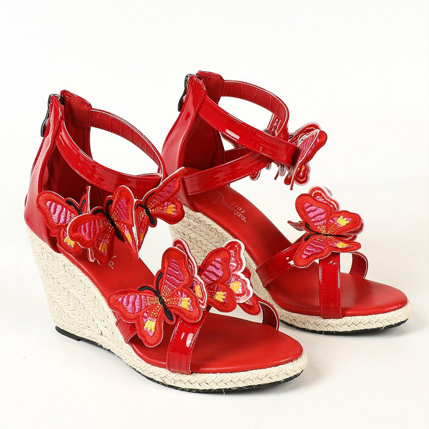 imageSHEMEE Espadrilles Wedge Sandals for Women Embellished Butterfly Platform Heeled Sandals Zipper Cross Strappy High HeelsRed