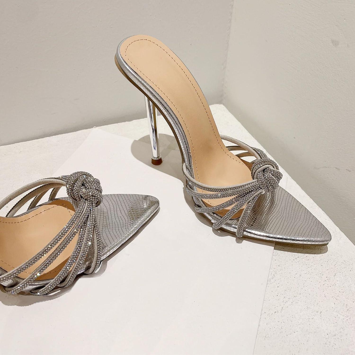 imageSHEMEE Sparkly Rhinestones Heels for Women Pointy Stiletto High Heels Sandals Chic Knot Slide Mules Wedding Dress ShoesSilver