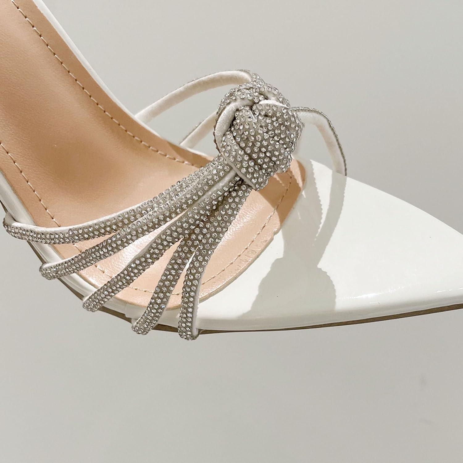 imageSHEMEE Sparkly Rhinestones Heels for Women Pointy Stiletto High Heels Sandals Chic Knot Slide Mules Wedding Dress ShoesWhite